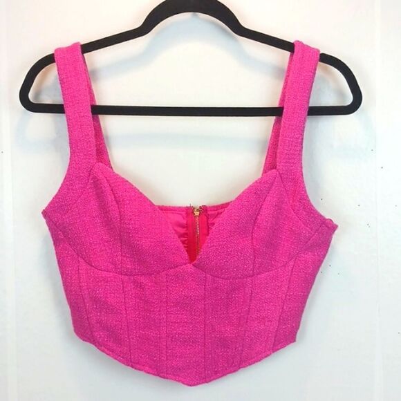Fuchsia pink tweed cropped V neck corset top (M) - Picture 2 of 6